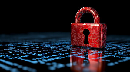 A digital padlock with cyber security technology on a blue background. Digital security, protection against cyber attack. Web security