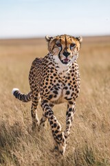 Wall Mural - a cheetah is running through a field of tall grass. the cheetah is the main focus of the image, and 
