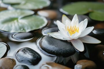 Sticker - A white flower is floating on top of a body of water surrounded by rocks. Concept of tranquility and calmness, as the flower and the rocks create a peaceful and serene scene