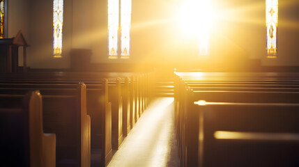 Aufkleber - Sunlight streaming through church pews in a sacred space illustrating divine beauty and reverence : Generative AI