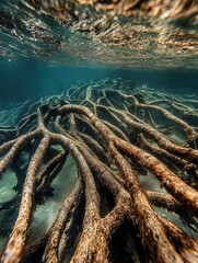 Wall Mural - A large mass of roots in the ocean. The roots are brown and appear to be tangled and twisted. The water is clear and blue, and the roots are scattered throughout the water