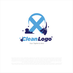 Sticker - x initial letter combine with broom for cleaning service, house maintenance, repair, housecleaning, logo vector template concept