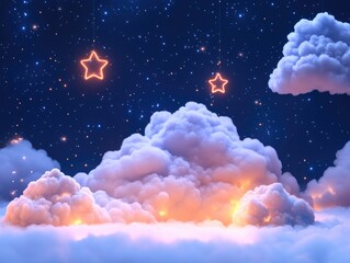 Wall Mural - a starry sky with clouds and neon lights. the stars are glowing and the clouds are fluffy. the sky i
