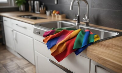 A vibrant, multicolored cloth for washing dishes in the kitchen , absorbent, utensil