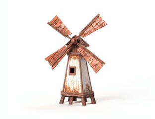 Wall Mural - Weathered wooden windmill on white background.