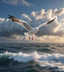 Wall Mural - A white seagull rides the updrafts of warm air above the cool ocean surface , seagull in flight, warm air, ocean surface