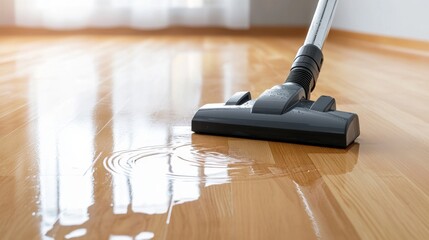 Wall Mural - A vacuum cleaner nozzle glides over a wet wooden floor, showcasing a clean and tidy living space illuminated by natural light.