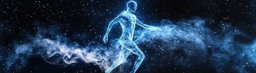 Wall Mural - Celestial Runner: A luminous figure races through a nebula of ethereal blue light, conjuring images of speed, energy and cosmic motion.