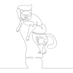 Wall Mural - One continuous drawing line logo portrait owner with a cat in his arms .Single hand drawn art line doodle outline isolated minimal illustration cartoon character flat