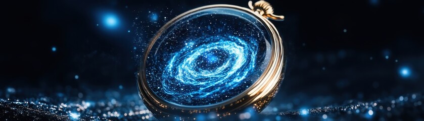 Wall Mural - Cosmic Wonder: Timepiece Displaying Universe's Secrets: A captivating scene showing a timekeeping device featuring an illuminated miniature galaxy, swirling within its transparent face.