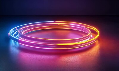 Fototapete - Neon rings glow, dark studio, product display
