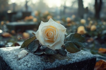 Wall Mural - a white rose is on a stone slab