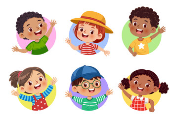 Cute and diverse group of children smiling and waving cheerfully