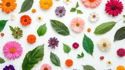 Wall Mural - a colorful array of flowers and leaves are scattered across a white background