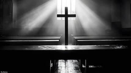 Aufkleber - Black and White Interior of Church with Cross Illuminated by Sunlight Rays : Generative AI