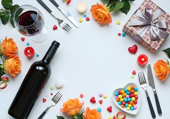 Top view vertical photo of a bold red wine bottle and a modern wine glass filled with dark red wine, surrounded by orange roses, a patterned gift box with a satin ribbon, a heart-shaped saucer filled 