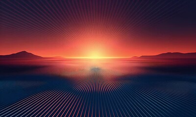 Leinwandbilder - Sunset rays over calm water, digital art, mountains