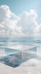 Wall Mural - a transparent podium, floating in a serene ocean with soft waves and a clear sky as the backdrop