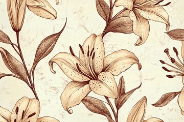 Wall Mural - Elegant floral pattern featuring detailed lilies on a textured background, ideal for wallpaper design