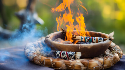 Ceremonial Fire with Burning Sage and Pottery for Spiritual Rituals Outdoors : Generative AI