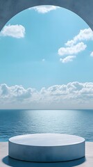 Wall Mural - a podium made of translucent material, placed in front of a calming blue ocean backdrop with a seren