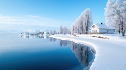 Wall Mural - Serene Winter Landscape with Snow-Covered Trees and Calm Blue Lake Reflections in a Tranquil Setting