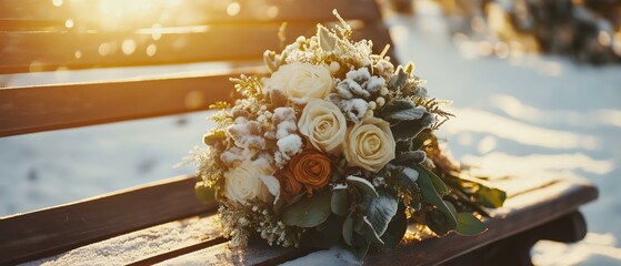 Wall Mural - Elegant Winter Wedding Bouquet: Cream Roses & Cotton, Snowy Outdoor Setting