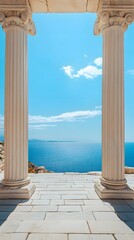 Wall Mural - A podium surrounded by ancient Greek columns, with the blue sky and sea in the background