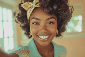 Woman with a bow on her head looking directly at the camera in a bright and colorful setting with a cheerful expression and playful demeanor