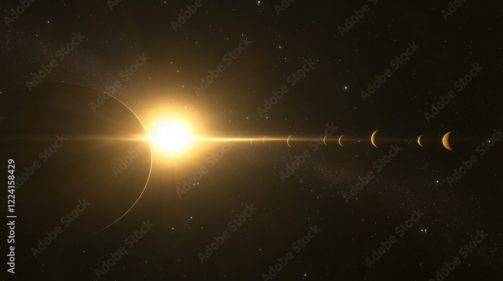 Cosmic scene from the outer solar system, with planets aligned in front ...