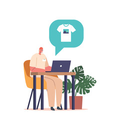 Wall Mural - designer male character creates unique t-shirt print using laptop and design software. sketching, se
