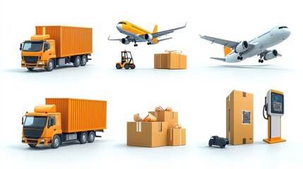 Poster - Efficient logistics management exploring six cargo delivery icons featuring standard truck aircraft and forklift in a dynamic transport environment for enhanced supply chain visibility