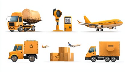 Poster - Optimizing delivery logistics six cargo icons featuring delivery trucks airplanes and more in a transport environment