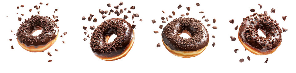 Fototapete - Chocolate Hanukkah donut flying through the air, toppings scattering, rich chocolate glaze, isolated on white background. Collection Set Png.