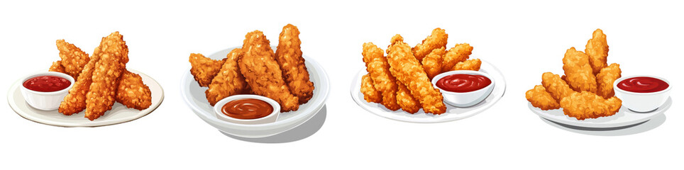 Fototapete - Flat style illustration of golden fried chicken strips with dipping sauce, isolated on a white background. Collection Set Png.