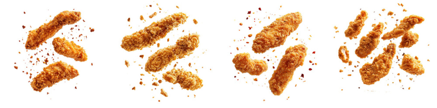 Fried chicken strips flying through the air with crumbs and seasoning, isolated on a white background. Collection Set Png.