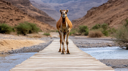 Wall Mural - camel crossing wooden bridge over small stream in desert landscape