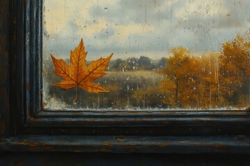 a single maple leaf clinging to a rainy window, with a golden autumn landscape faintly visible outsi