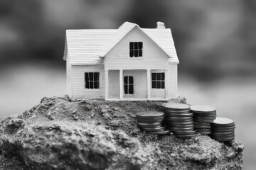 Wall Mural - a small model house placed next to a stack of coins, representing the financial commitment of homeow