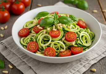 Wholesome serving of spiral zucchini topped with cherry tomatoes and fresh basil, elegantly plated for a delightful meal