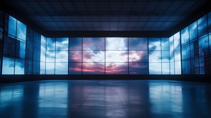 Giant multimedia wall with abstract digital screens, gradient lighting, and futuristic minimalism, symbolizing the fusion of technology and design