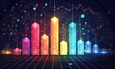 Poster - Colorful digital growth chart, futuristic data, dark background, business concept