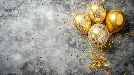 Sticker - A party invitation theme showcasing gold glossy confetti and gold balloons on a white backdrop, with a central space left blank for your message