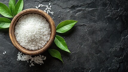 White rice bowl, dark background, leaves, food photography