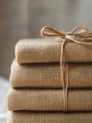 Poster - Rustic Stacked Burlap Fabric With Twine Bow For Natural Vintage Crafting Style : Generative AI