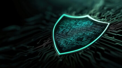 Futuristic cyber security concept featuring a glowing shield overlay on a digital circuit background with intricate binary code patterns, symbolizing data protection and internet safety.
