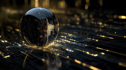 Fototapete - Evocative 3D Sphere with Digital Patterns and Golden Light Reflections on a Dark Background, Perfect for Technology and Abstract Concepts