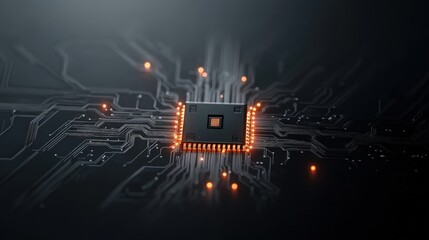 Fototapete - Detailed Close-Up of a Microchip on a Dark Background Featuring an Intricate Circuit Board Design, Highlighting the Technology and Innovation in Electronics Manufacturing