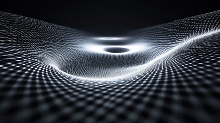 Poster - Abstract representation of a three-dimensional surface with dynamic light patterns creating a sense of depth, featuring intricate grid-like structures and fluid motion effects.