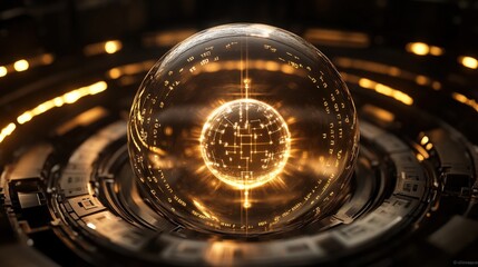 Poster - Enigmatic Crystal Sphere with Illuminated Digital Patterns and Geometric Shapes Set in a Futuristic Mechanical Environment